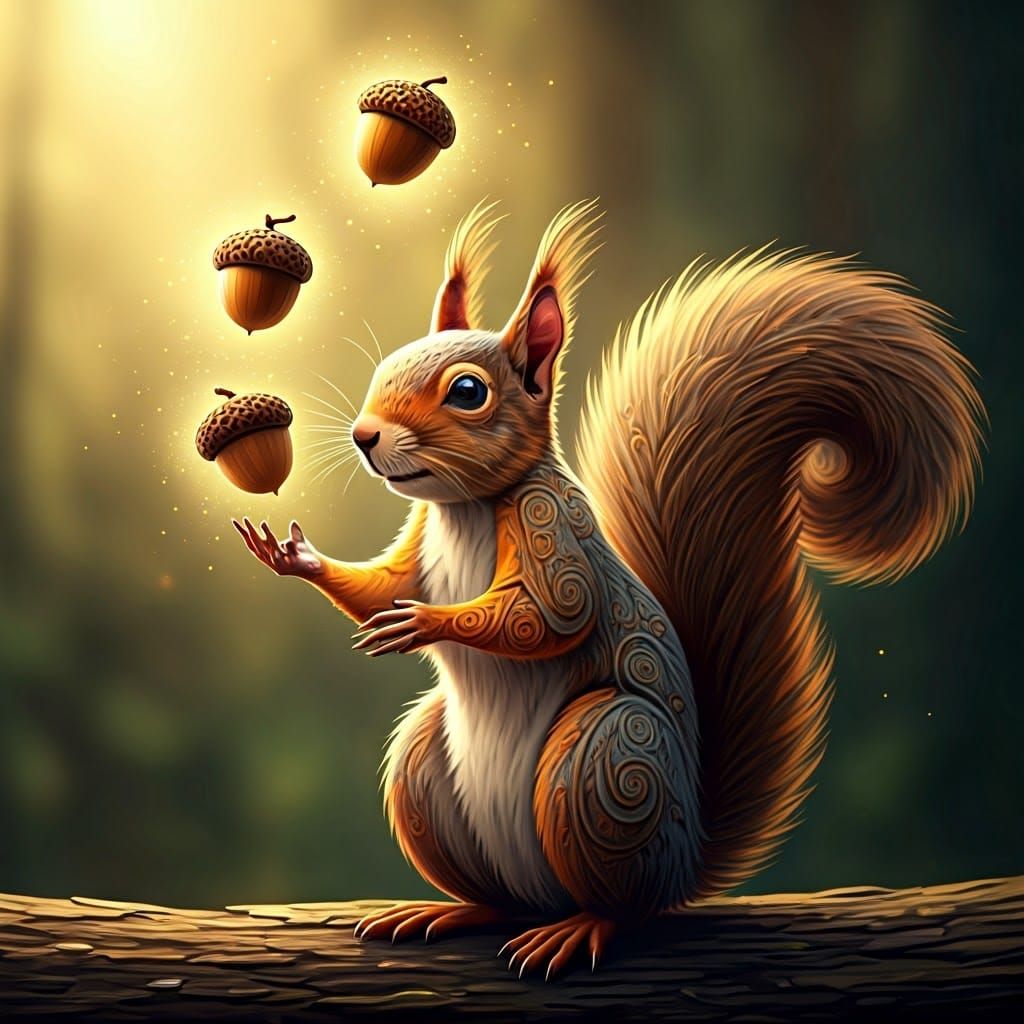 Comical picture of a squirrel juggling three acorns. Picture with soft, feathery brushstrokes and warm, golden lighting ...