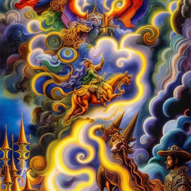 Wizard Summons Stormclouds: Surreal Storybook Illustration
