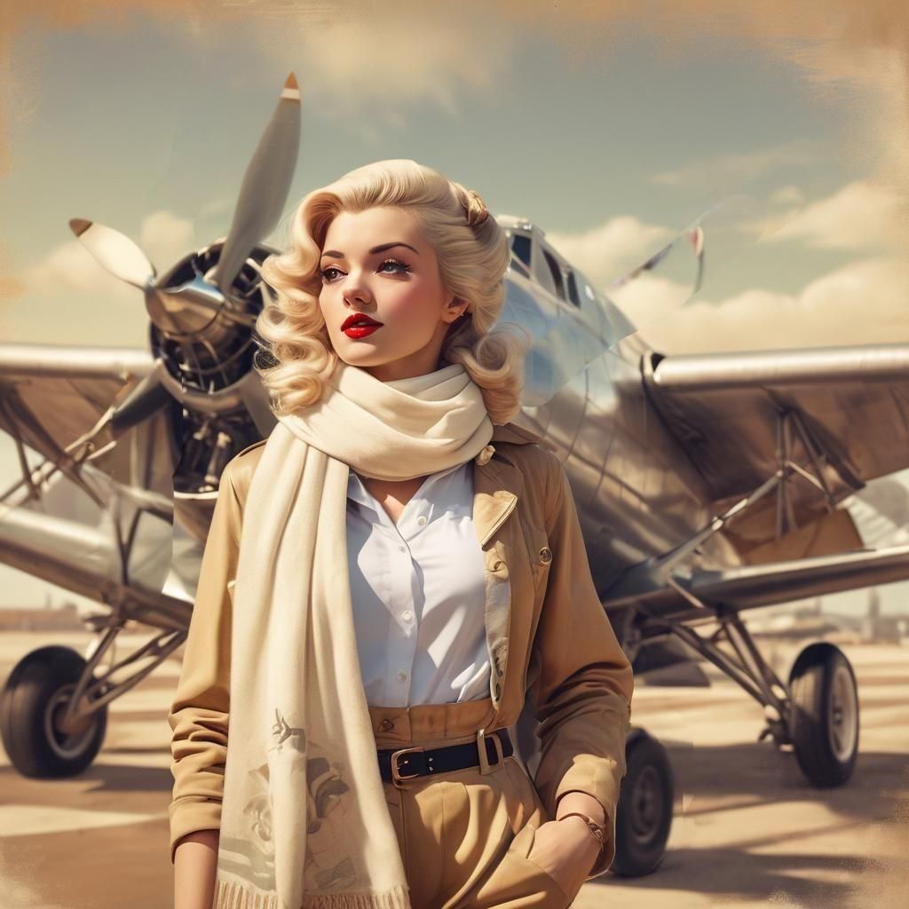 Vintage Aviatrix in White Scarf at Airport