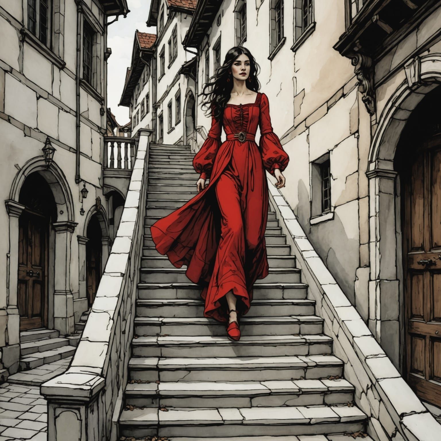 Medieval Woman in Red Gown Descending Stairs