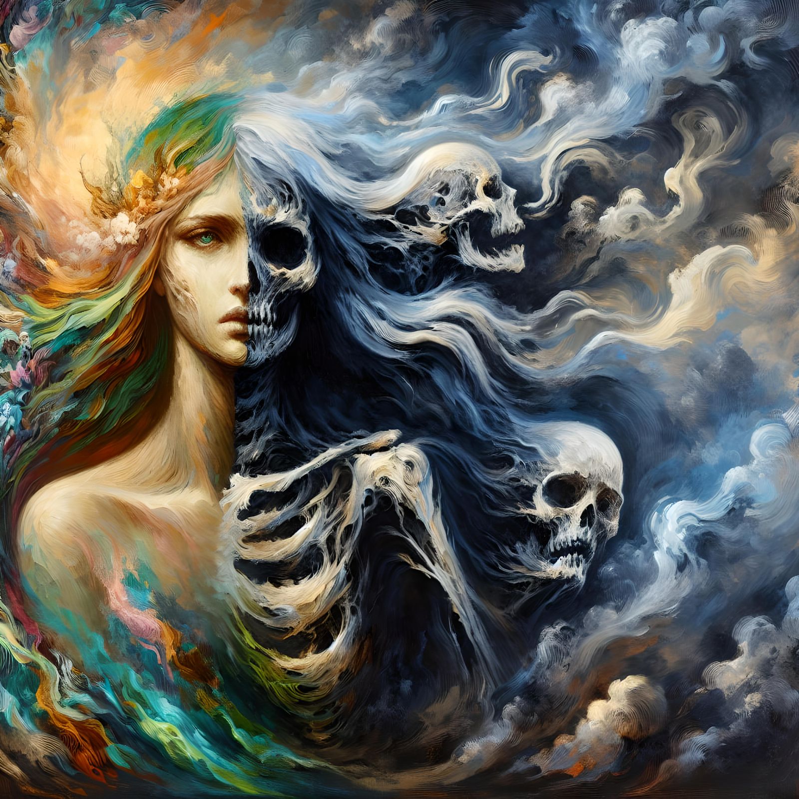 Expressionistic Painting of Hel, Goddess of the Underworld