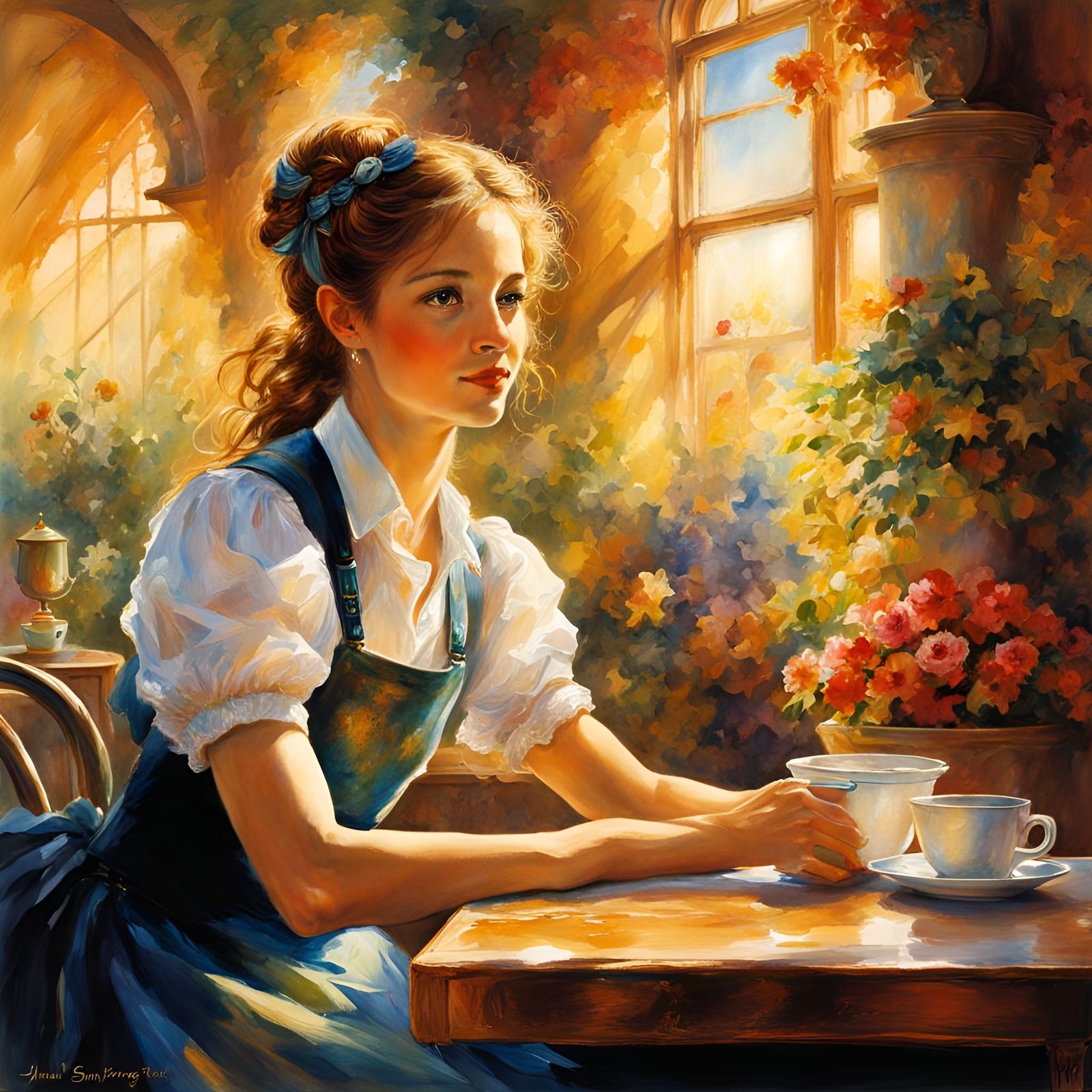 Waitress in Sunny Cafe: Watercolor Illustration