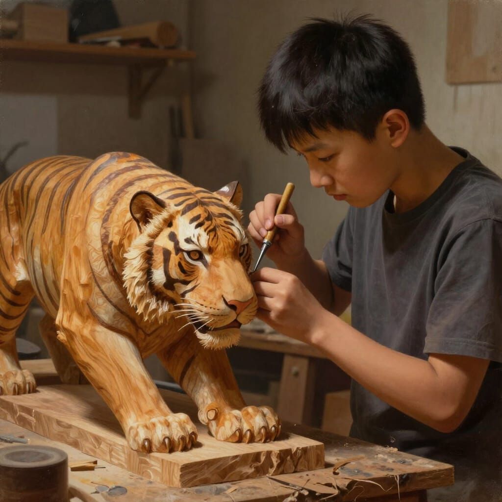 Boy Carves Wooden Tiger Sculpture in Realistic Digital Art