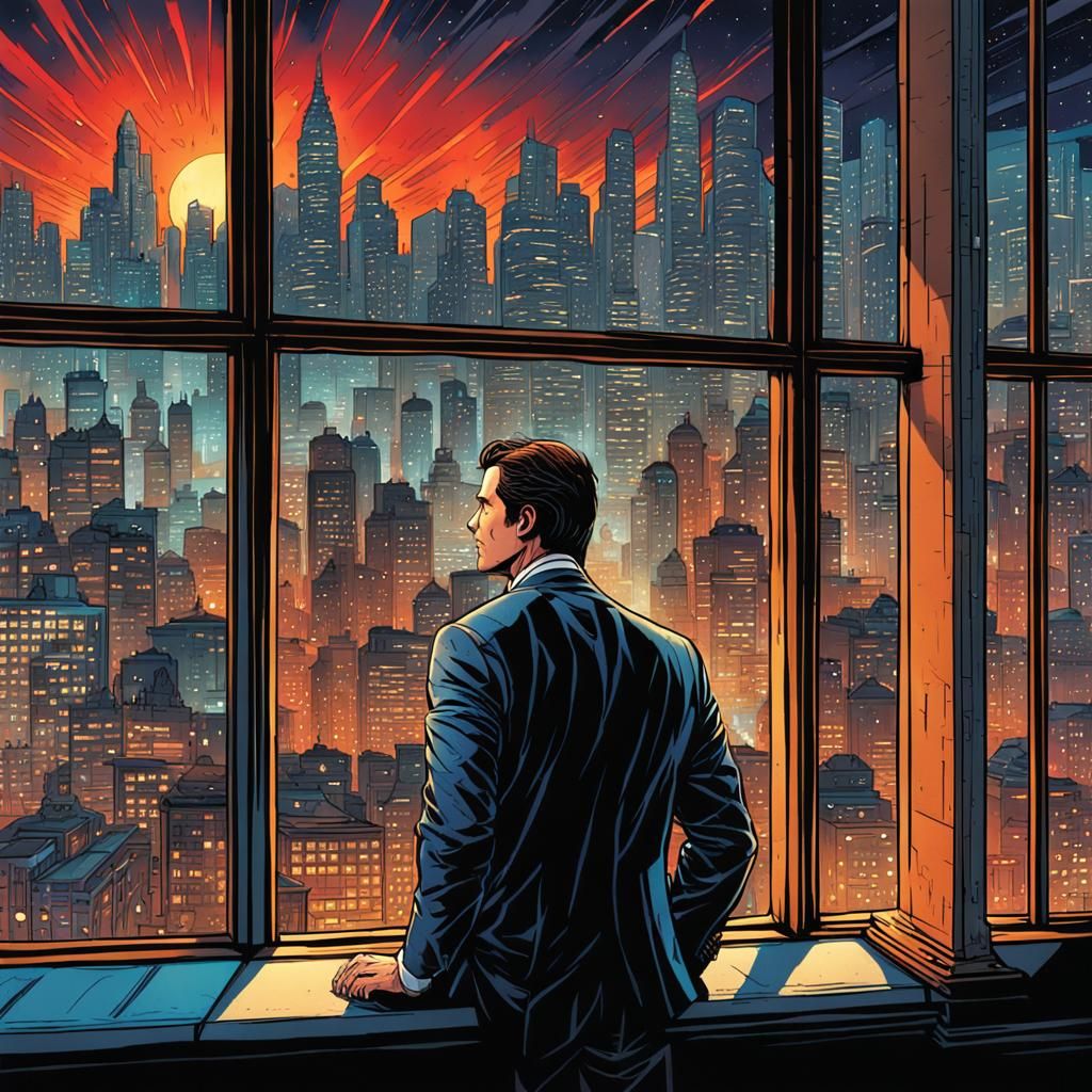 Man Gazing at Cityscape in Comic Book Style