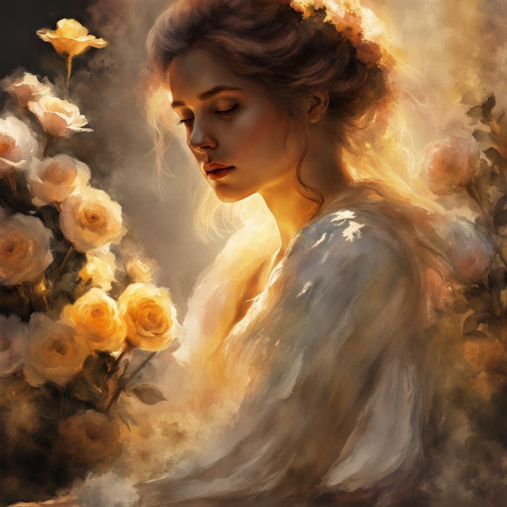 Chiaroscuro Woman Surrounded by Flowers in Watercolor