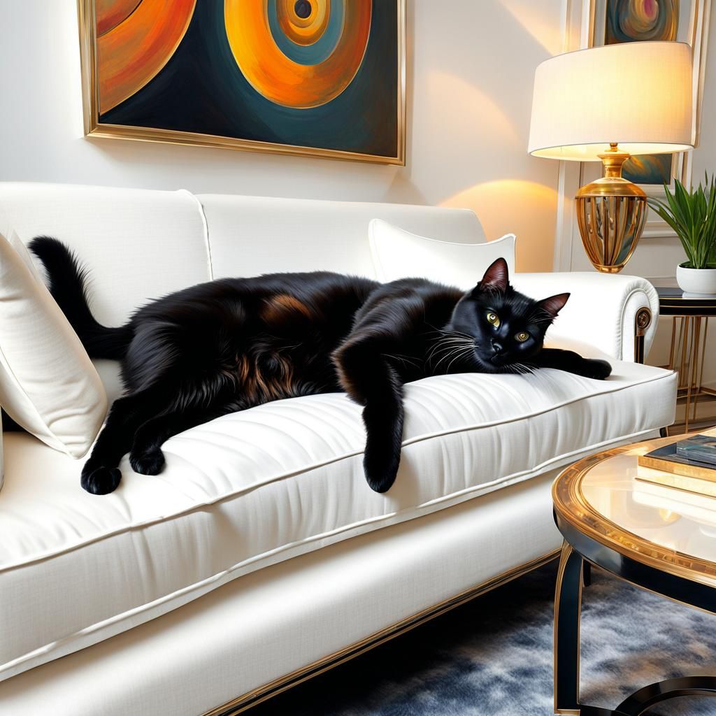 Fluffy Black Cat Lounging in Art Deco House