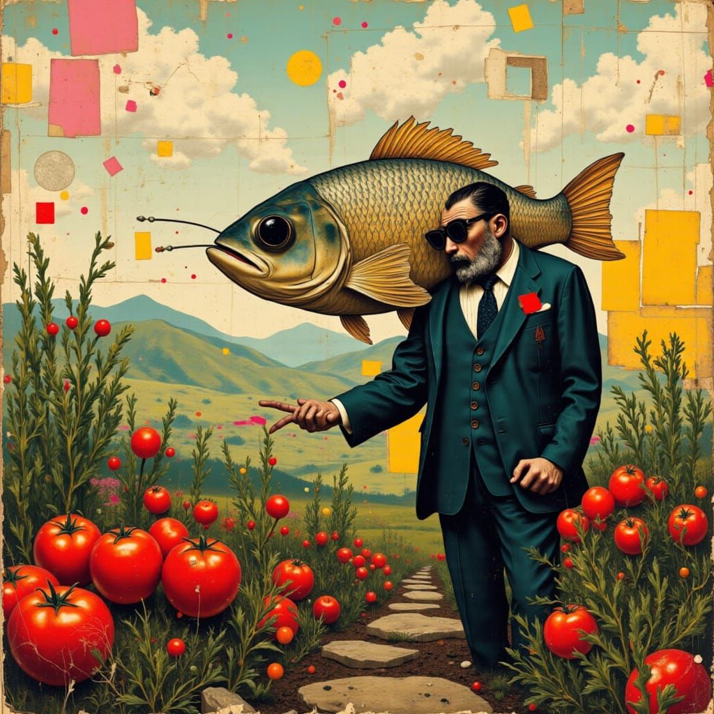 Surreal Catfish Gardener in Retro Collage Style