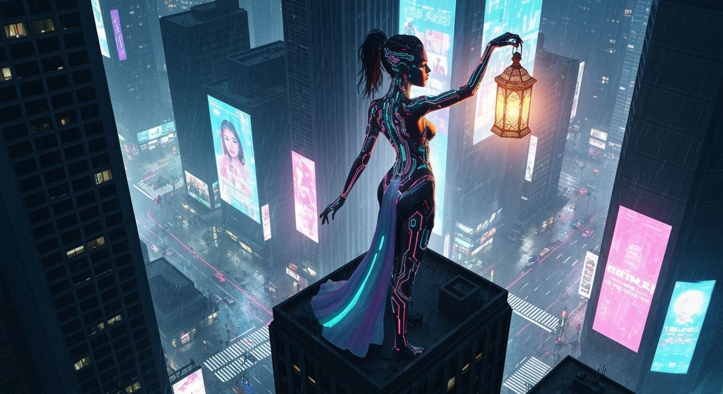 Cyberpunk Goddess in Neon Cityscape