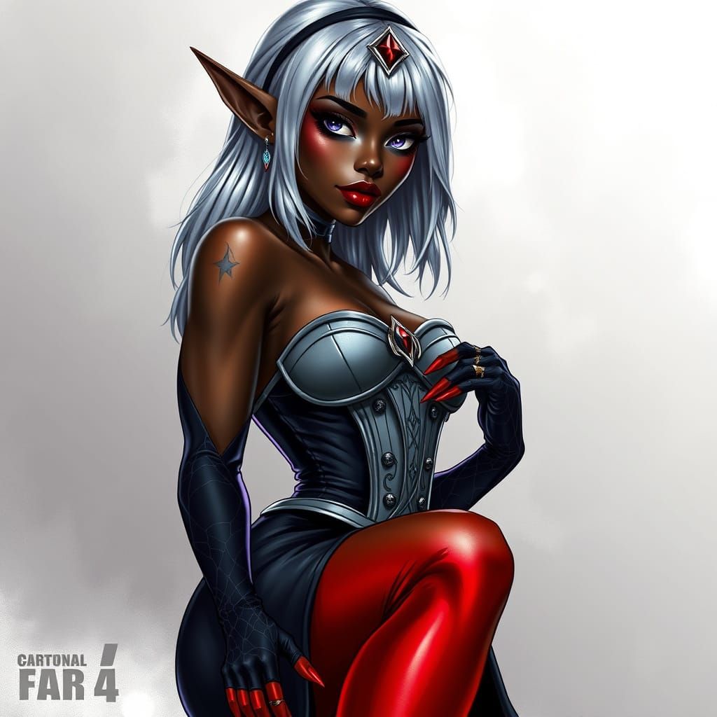 Elegant Ebony Elf Goddess in Sultry Black Attire