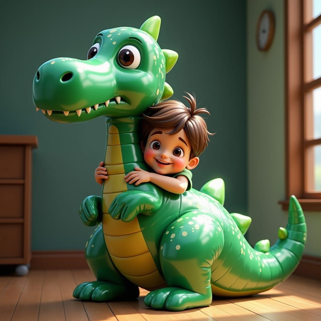 Boy Snuggling Dinosaur Balloon in 3D Style