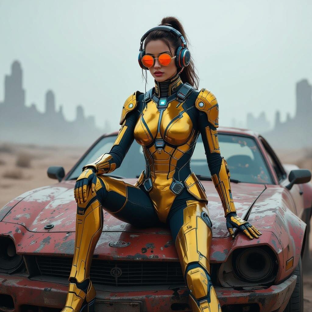 Elegant Cyberpunk Woman on Battle-Damaged Sports Car