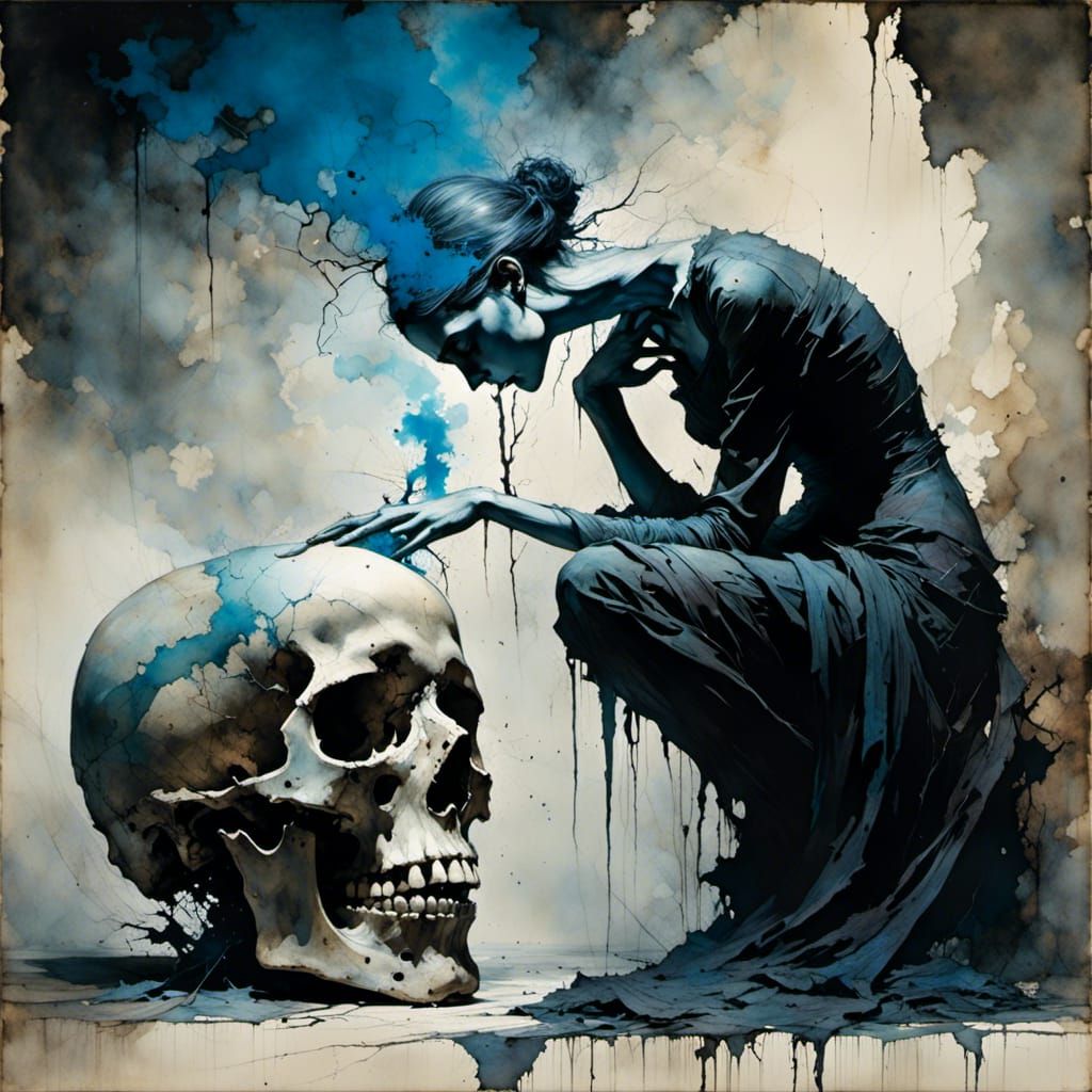 Skull with Blue Smoke Watched by Black Cat