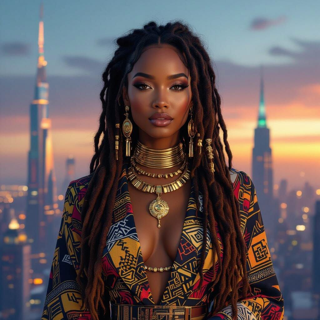 Afrofuturist Woman in Cityscape, Concept Art Style