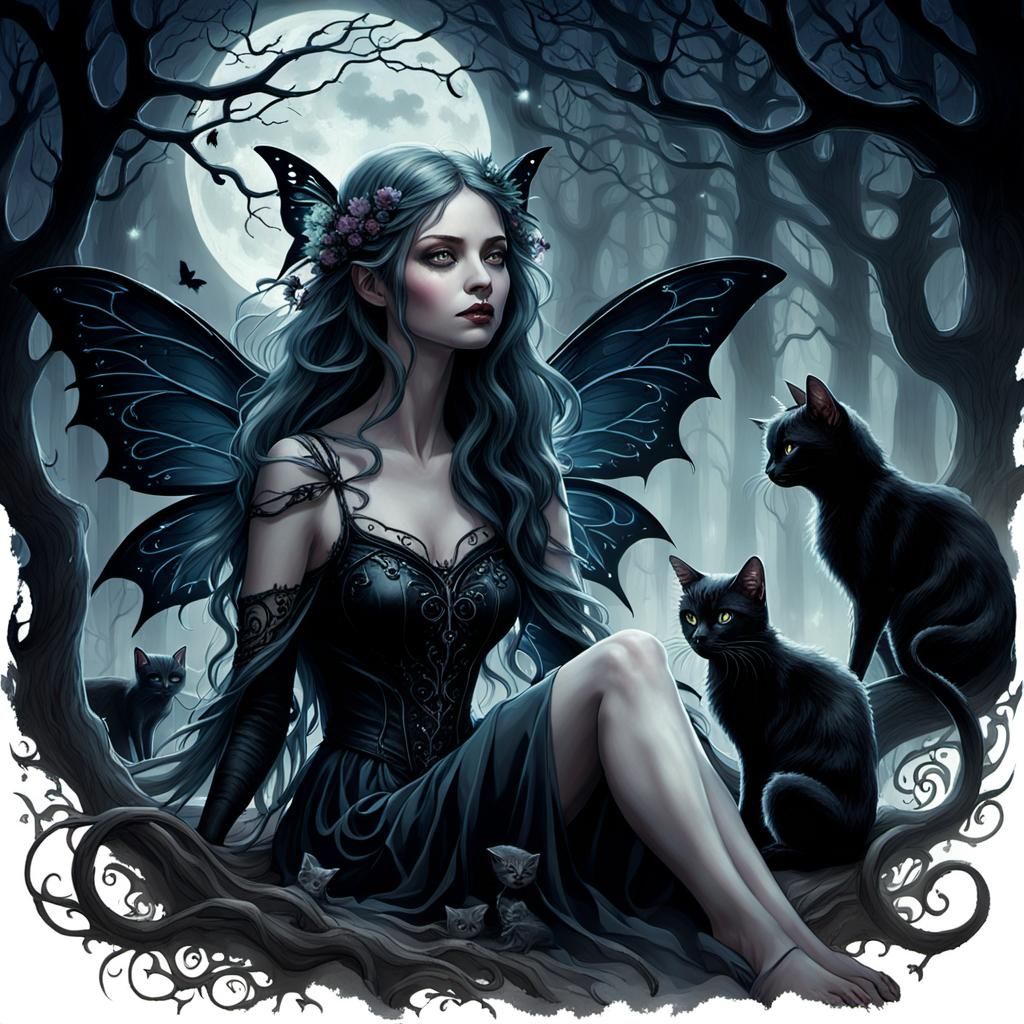 Gothic Fairy with Black Cats in Moonlight