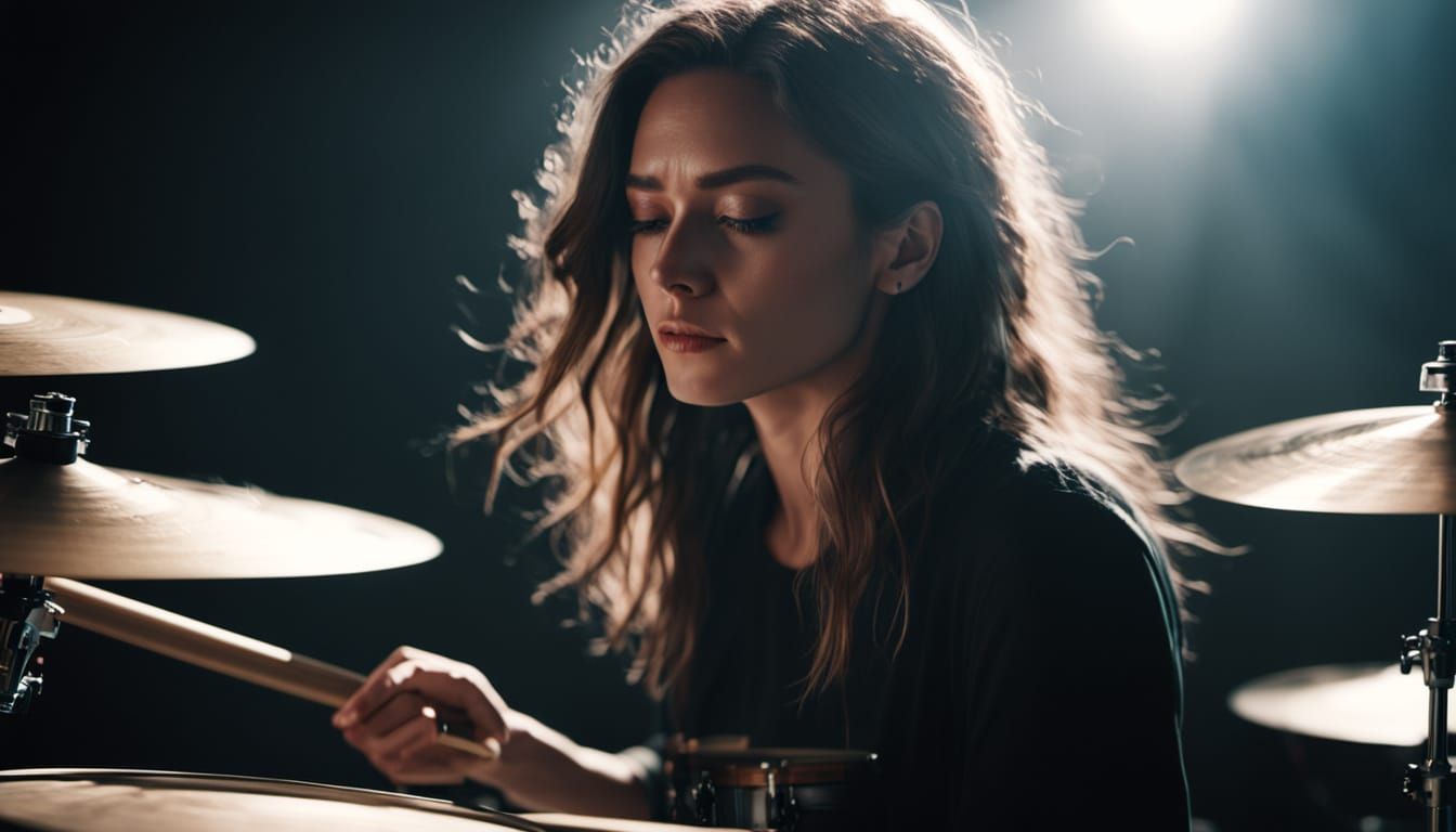 Young Woman Plays Drums in Vibrant Oil Painting Style