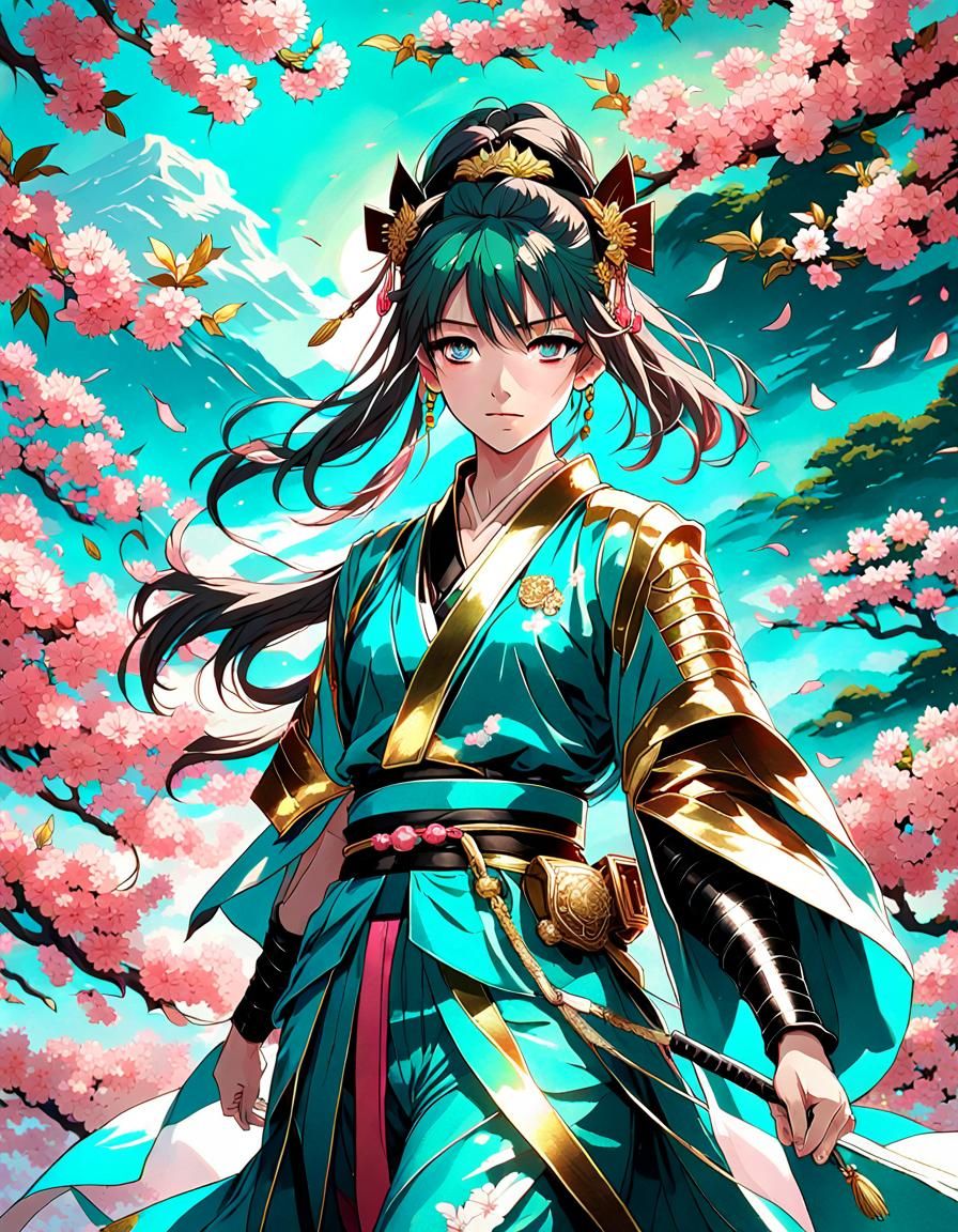 Anime Warrior in Cherry Blossoms, Graffiti Art Style