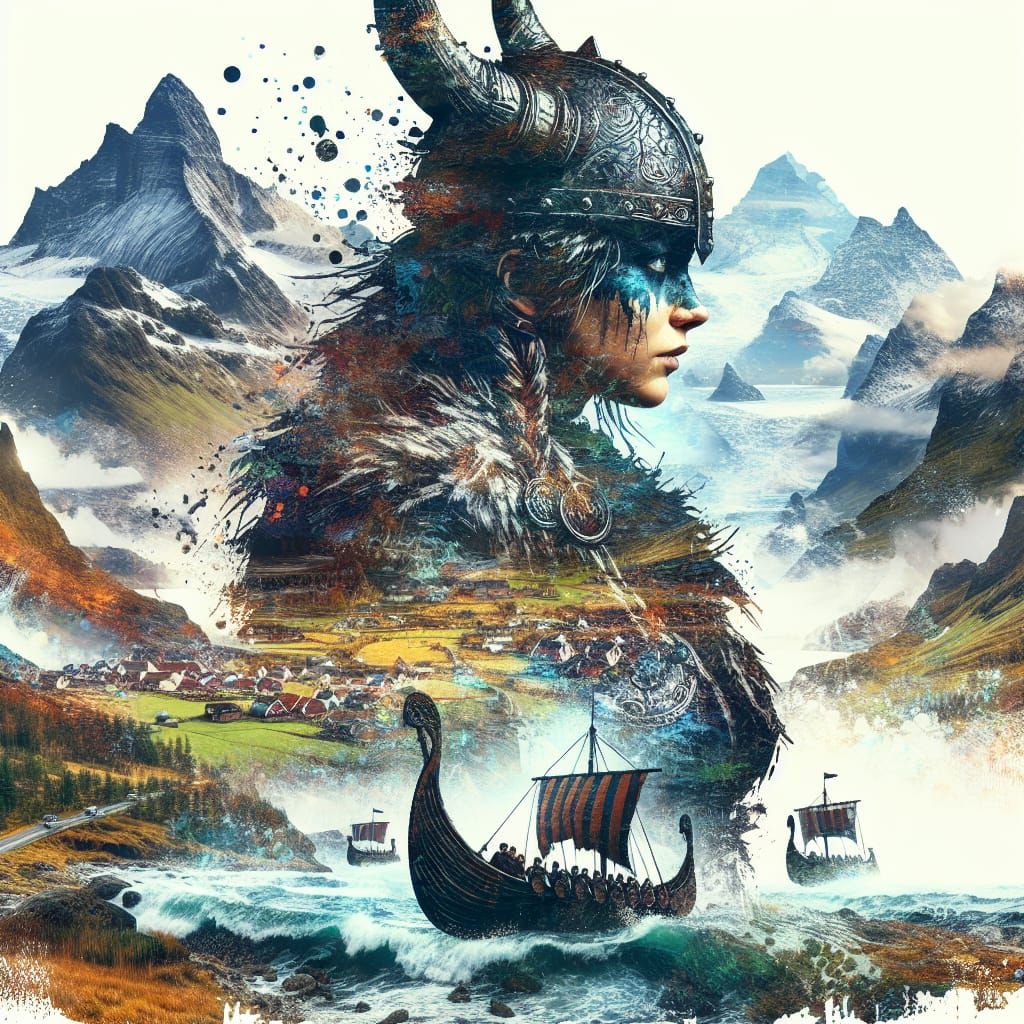 Viking Warrior Double Exposure Manhwa-Inspired Artwork