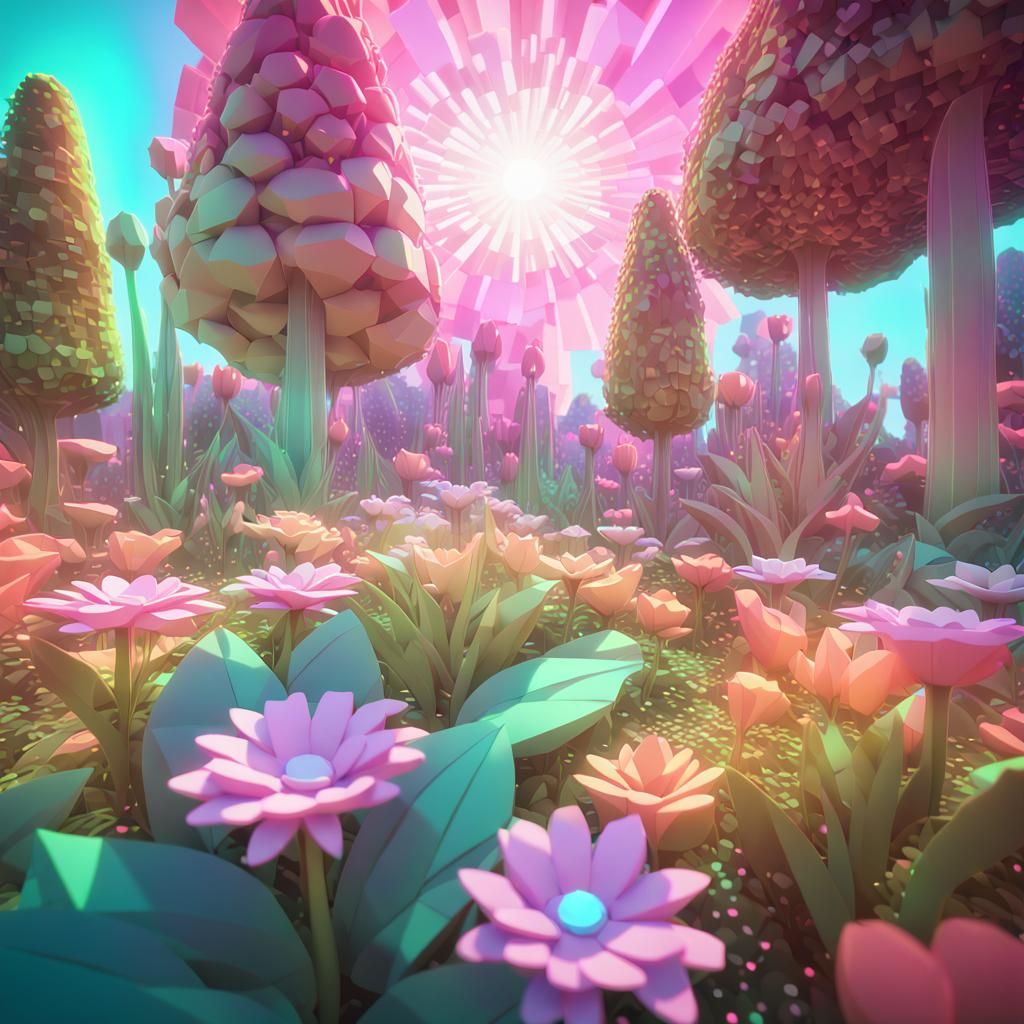Vibrant 8-Bit Garden Blooms in Futuristic Low-Poly Art
