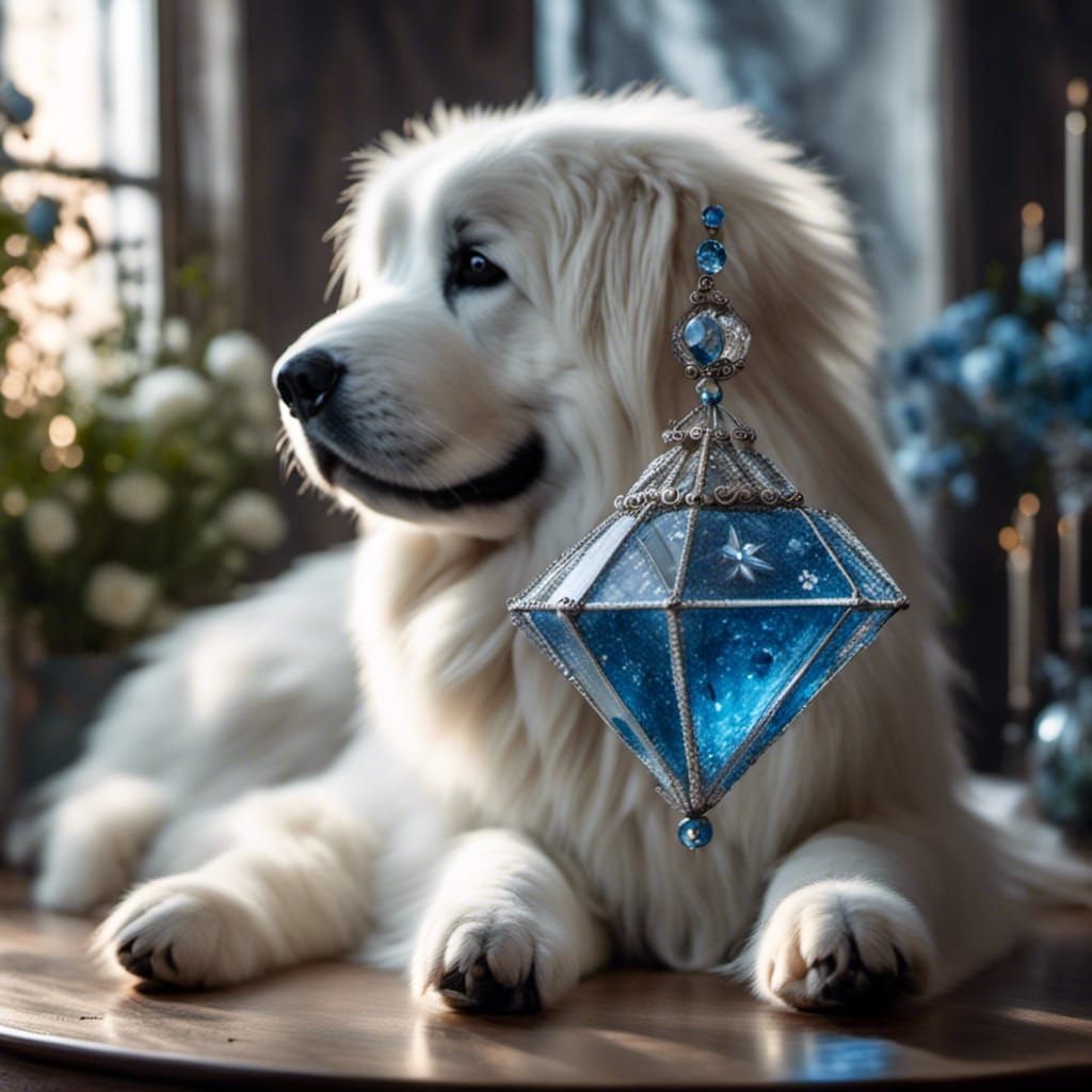 Glass Great Pyrenees with Blue Gems and Crystals