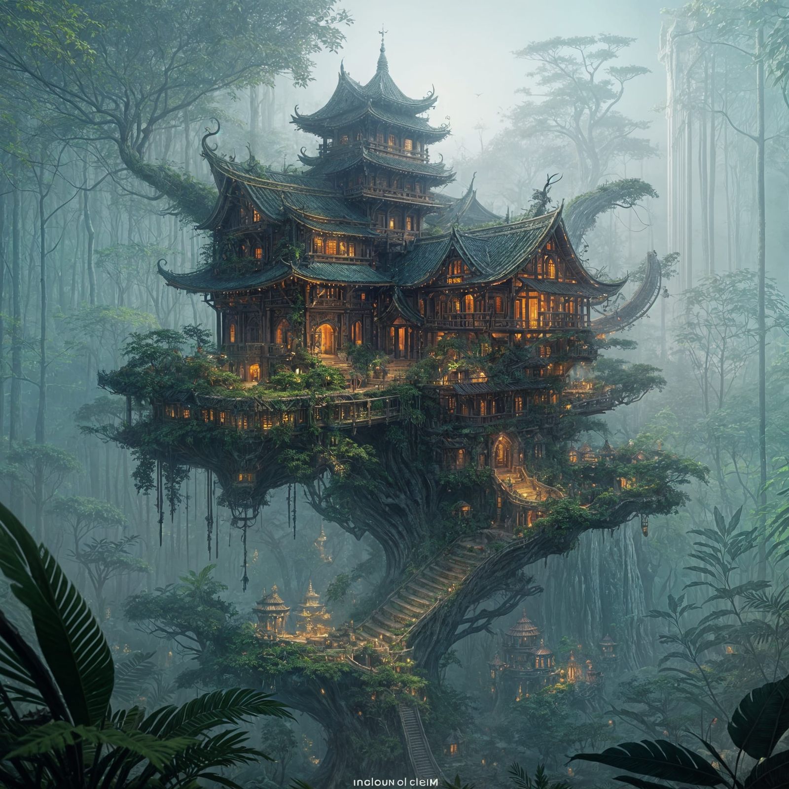 Asian Elven City in Jungle, Hyperrealistic Concept Art