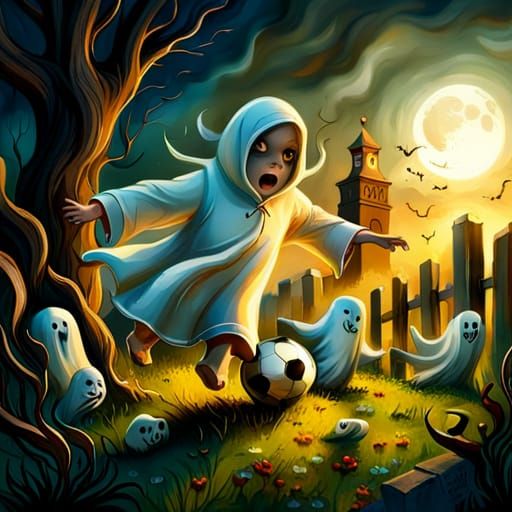 Whimsical Ghosts Play Soccer in Graveyard