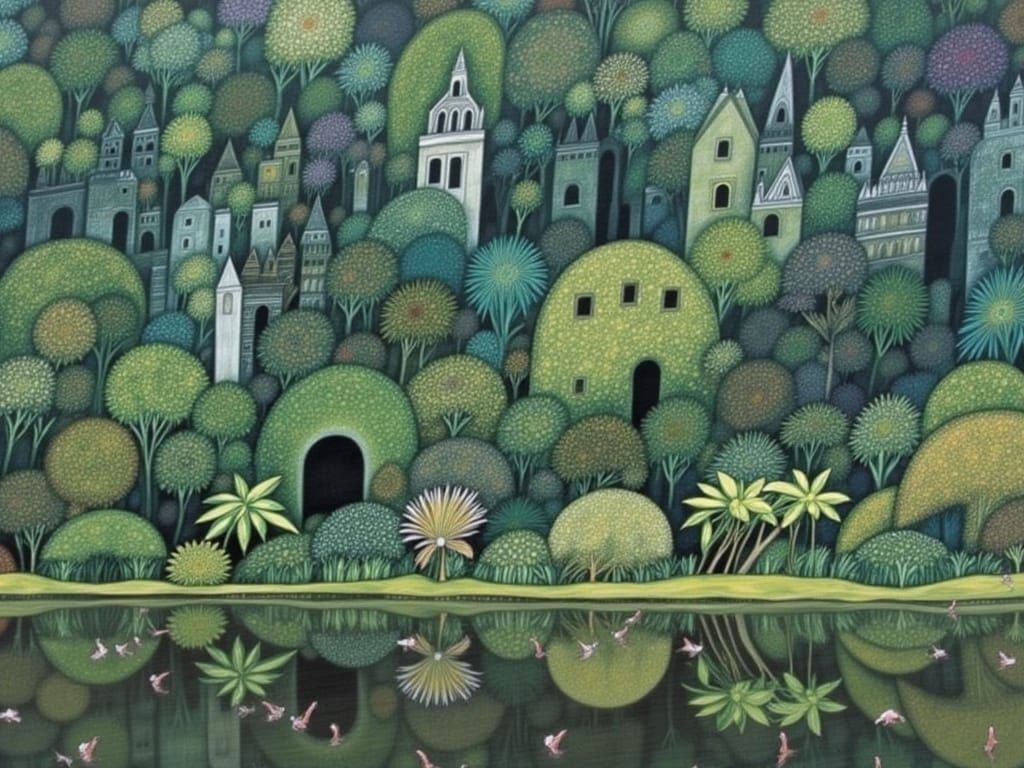 Mysterious Ruined City Reflected in Jungle Lake at Sunset wi...