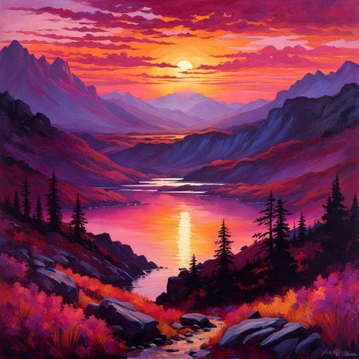 Scarlet Sunset Over Dark Mountain Silhouettes