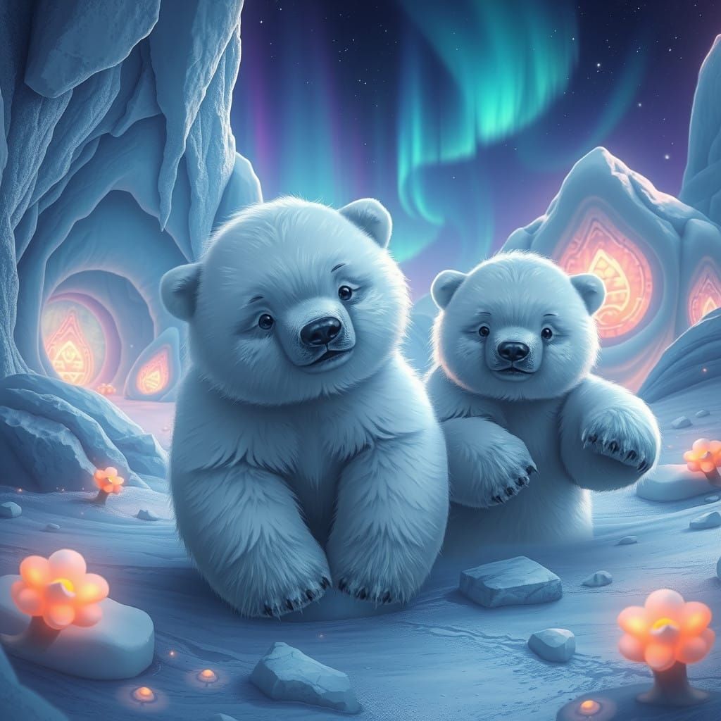 Surreal Arctic Wonderland with Whimsical Polar Bears in Fant...