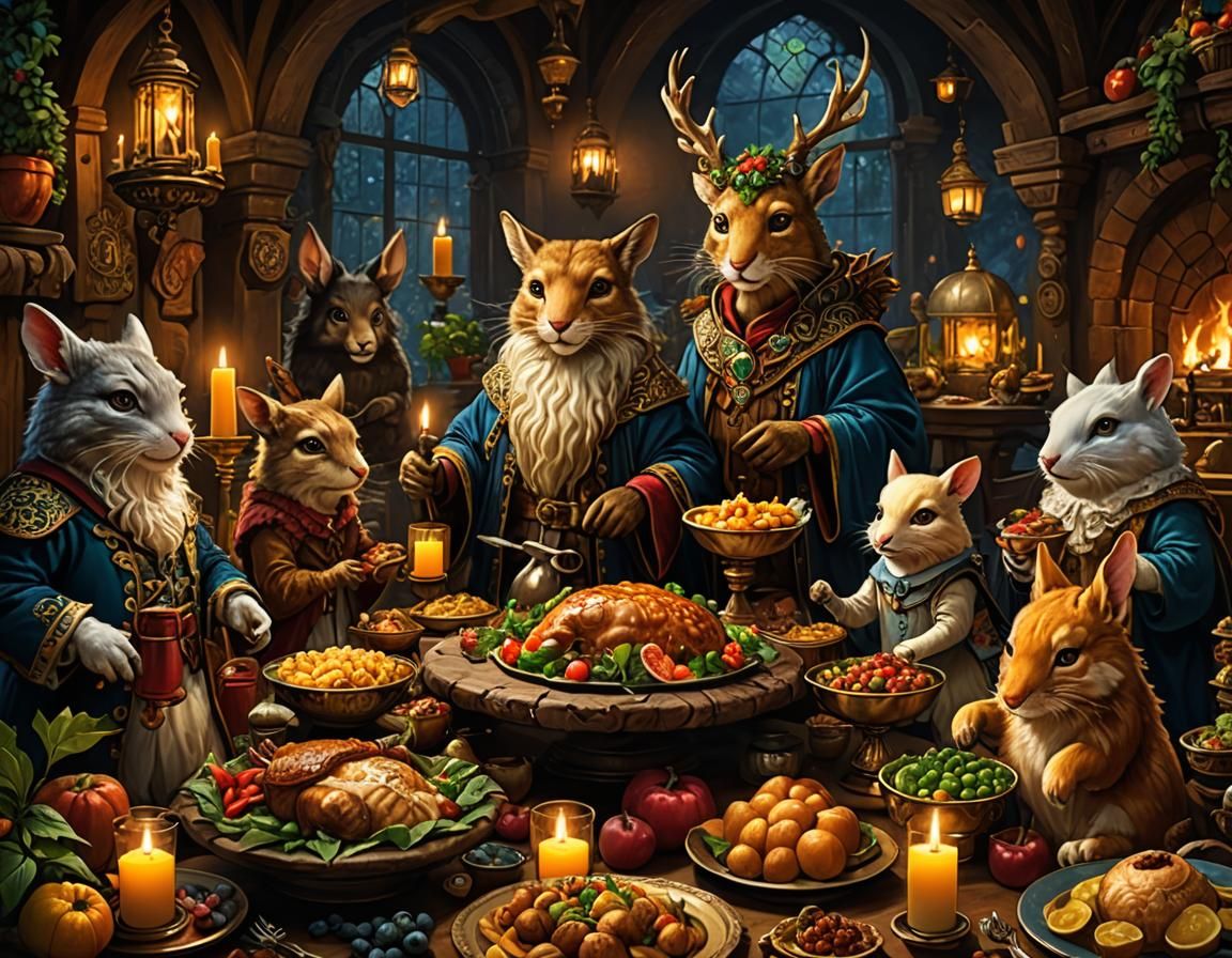 Enchanted Feast: Animals and Fae at Grand Banquet