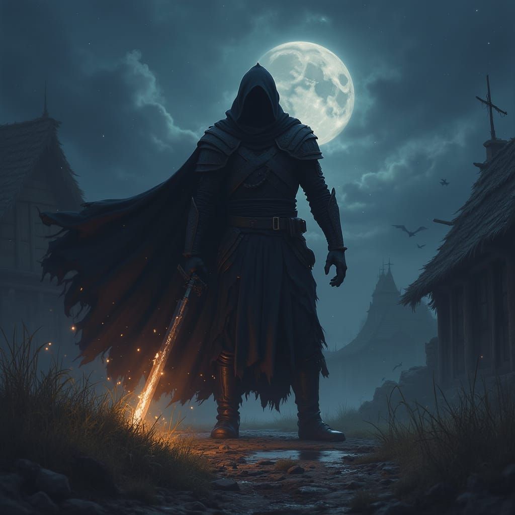 Dark Paladin Battles Village Under Nighttime Siege