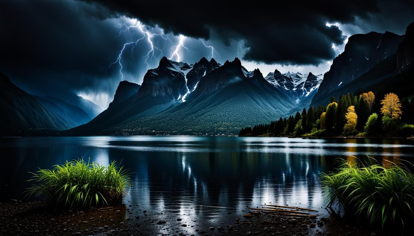 Raindrops on Lake with Lightning and Mountains