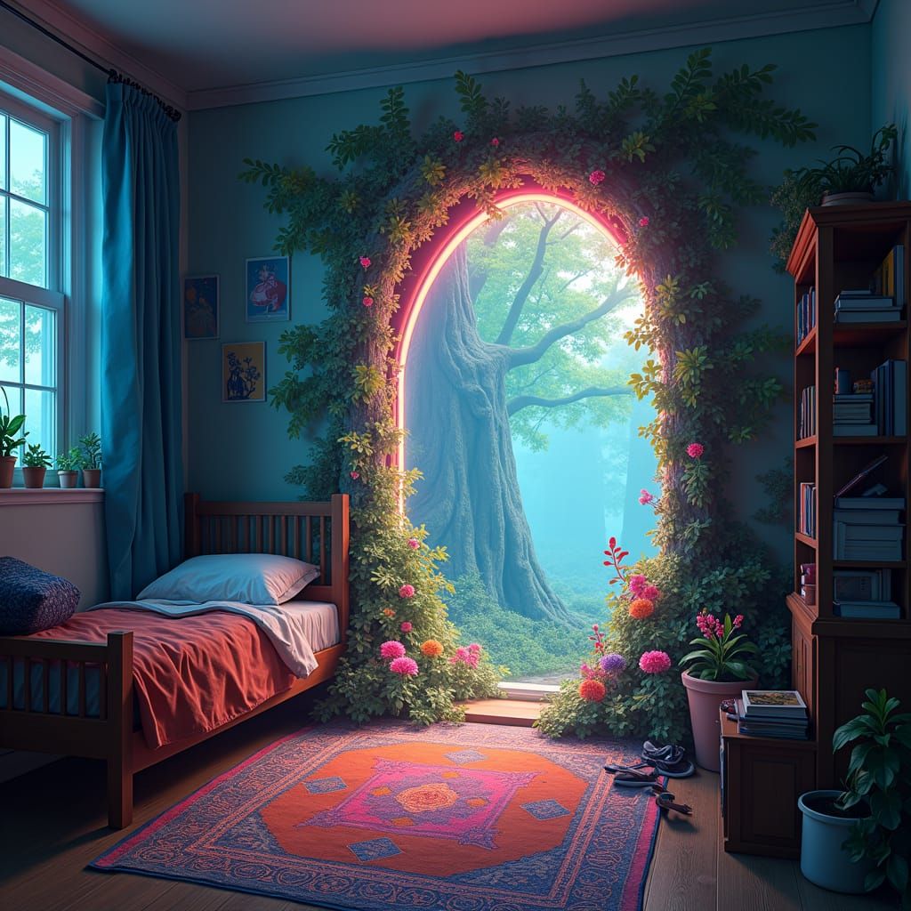 Mystical Forest Portal in Cluttered Bedroom