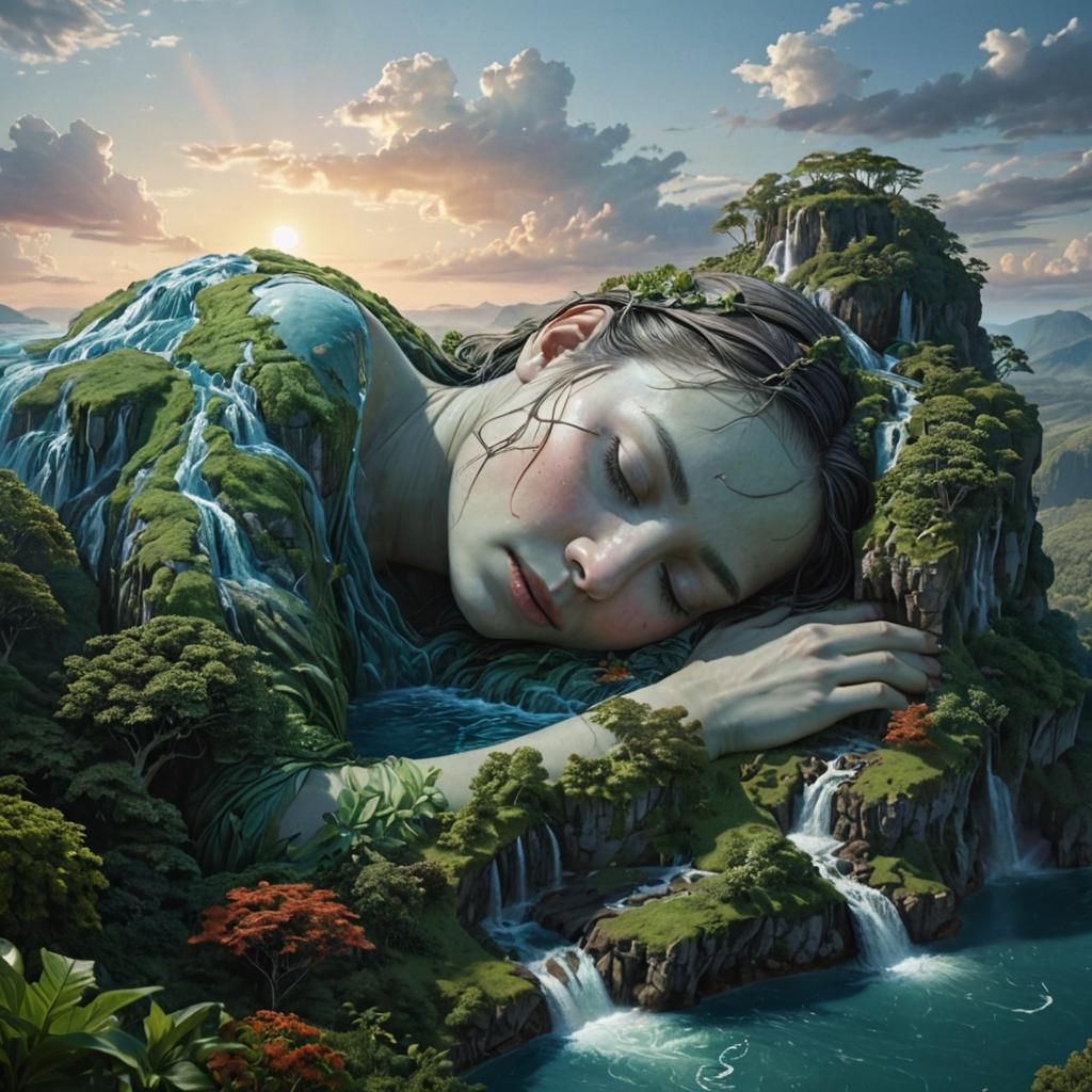 Hyper-detailed image of a sleeping lady merging with an isla...