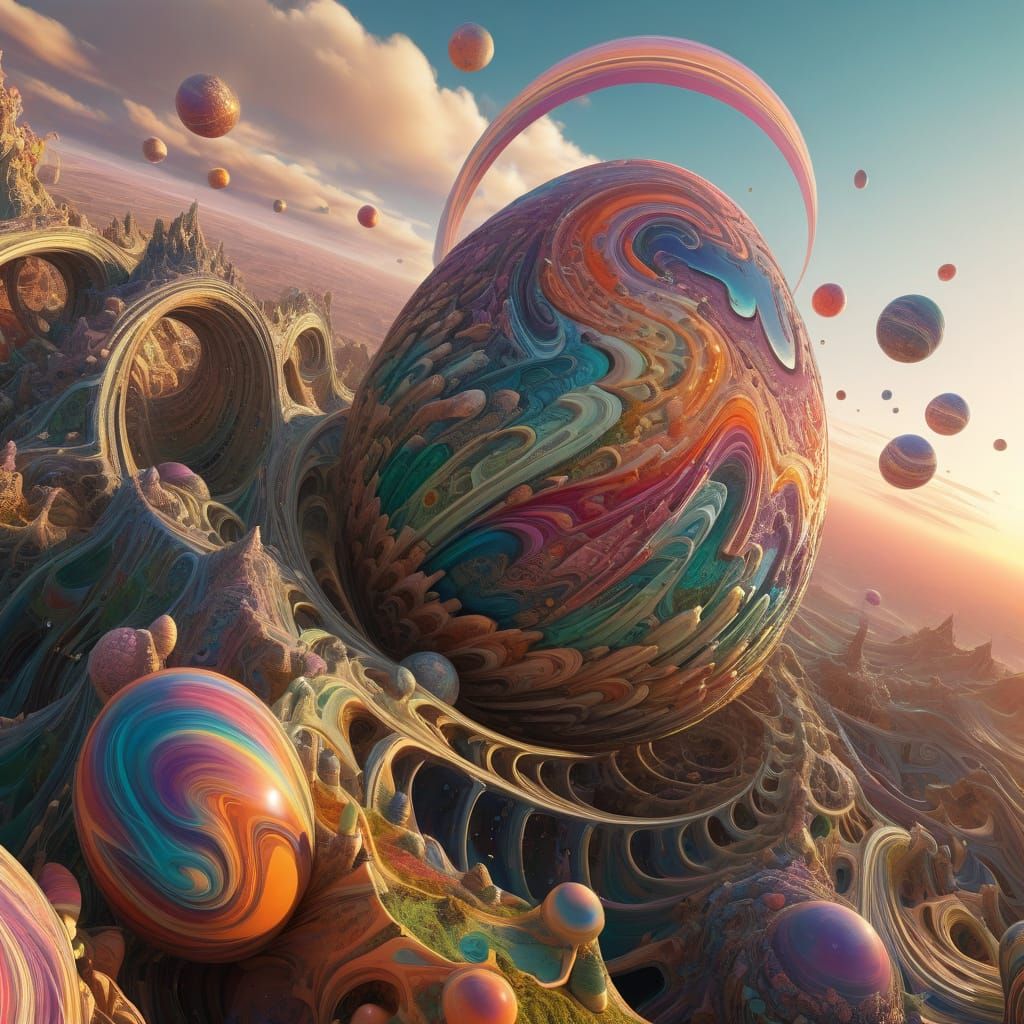 Surreal Fractal Landscape with Easter Egg Planet