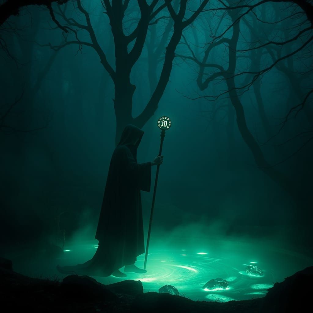 Mystical Figure in Glowing Forest Glade