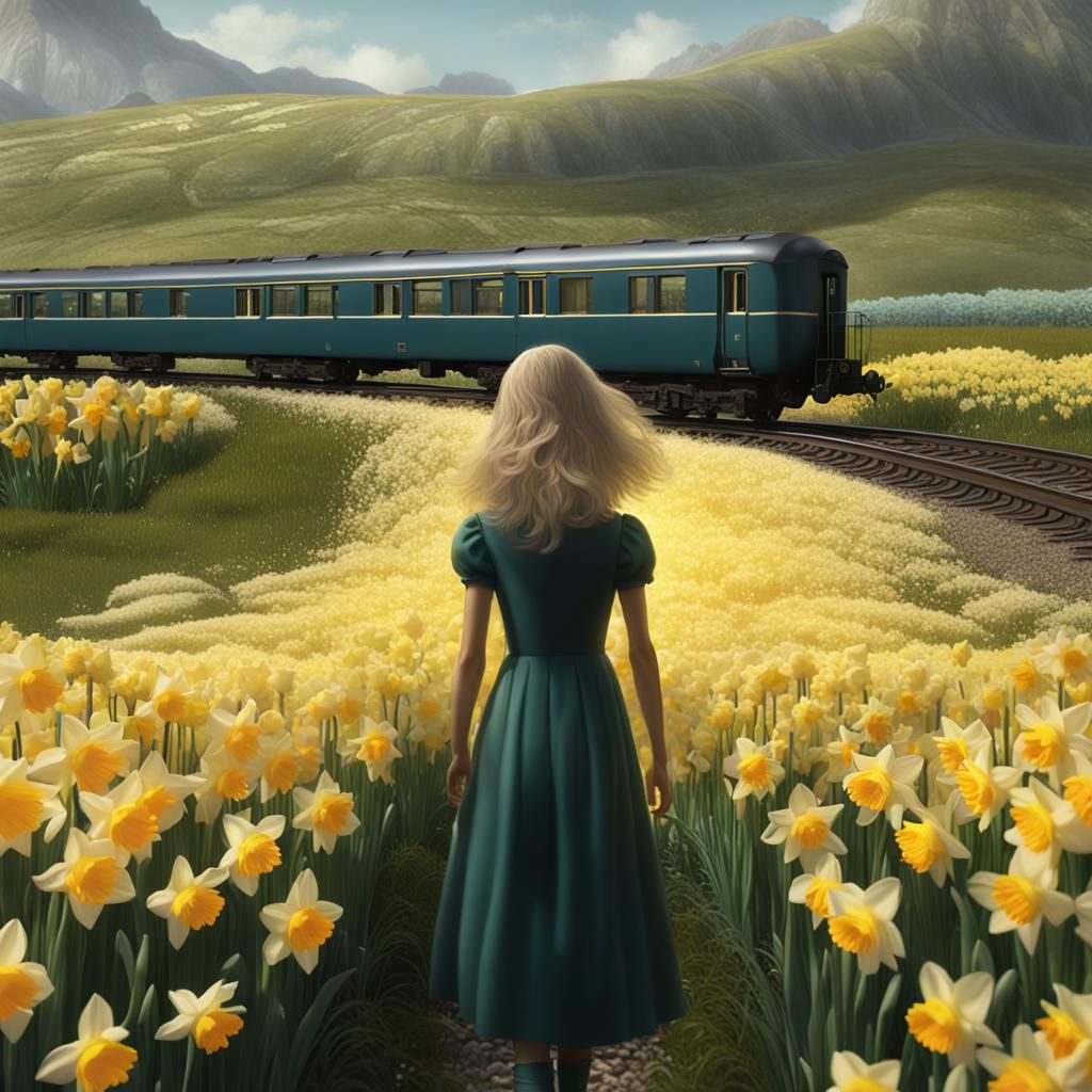 Train Scene with Daffodils: Detailed Matte Painting