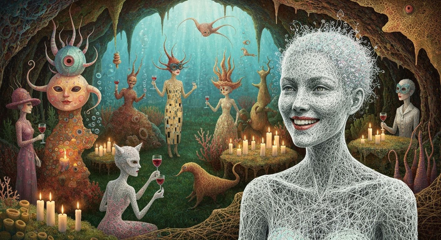 Surreal Undersea Garden Party with Whimsical Creatures