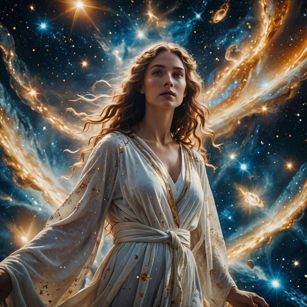 Aphrodite in Cosmic Dreamscape: Cinematic Film Still