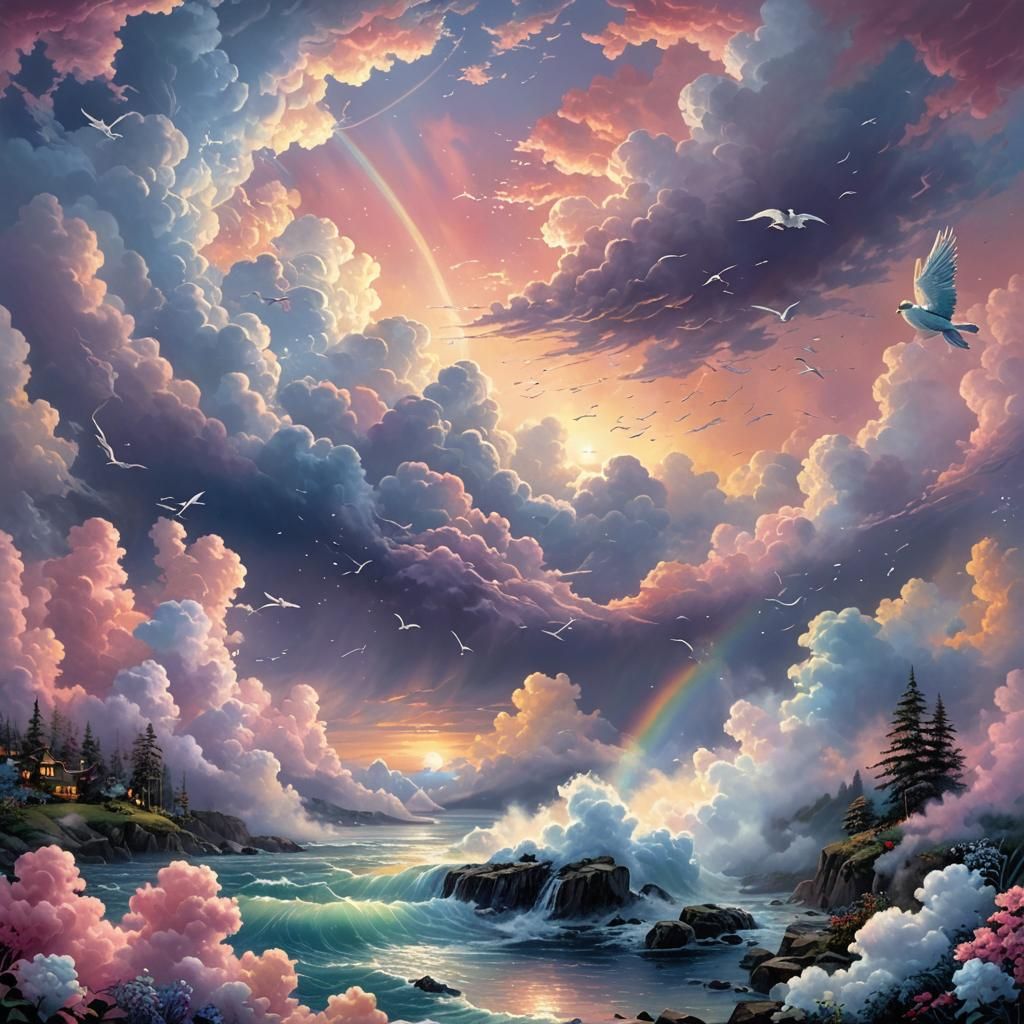 Rainbow Clouds and Feathers in Ethereal Sunset
