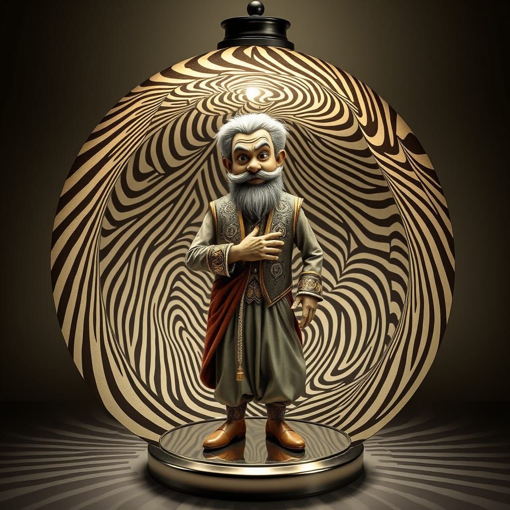 Surreal Genie Trapped in 2D Escher-Inspired Lampwork