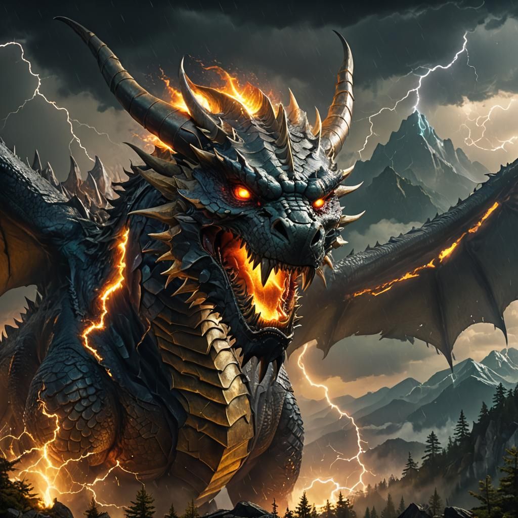 Majestic Dragon Emerges from Stormy Skies