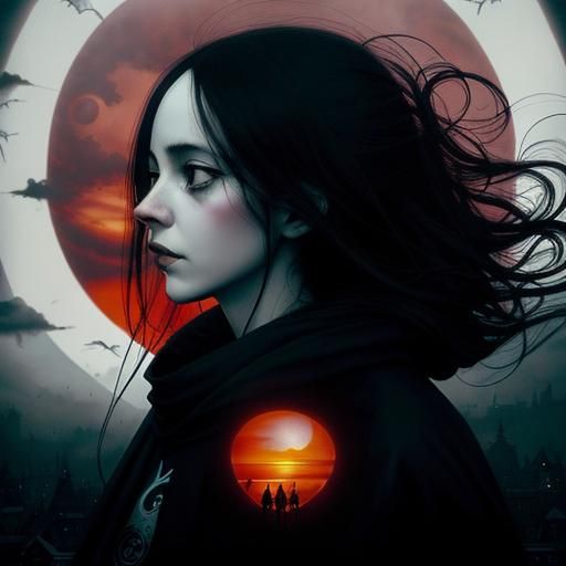 Red Sun and Swirling Clouds in Gothic Horror Style