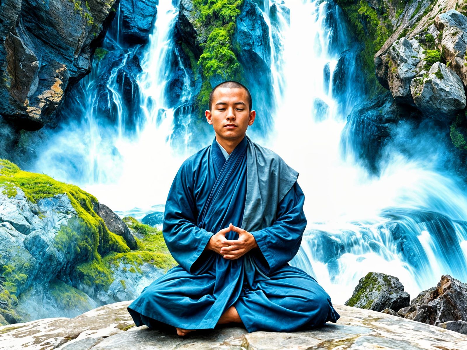 Young Monk Meditating by Watercolor Waterfall in Comic Style