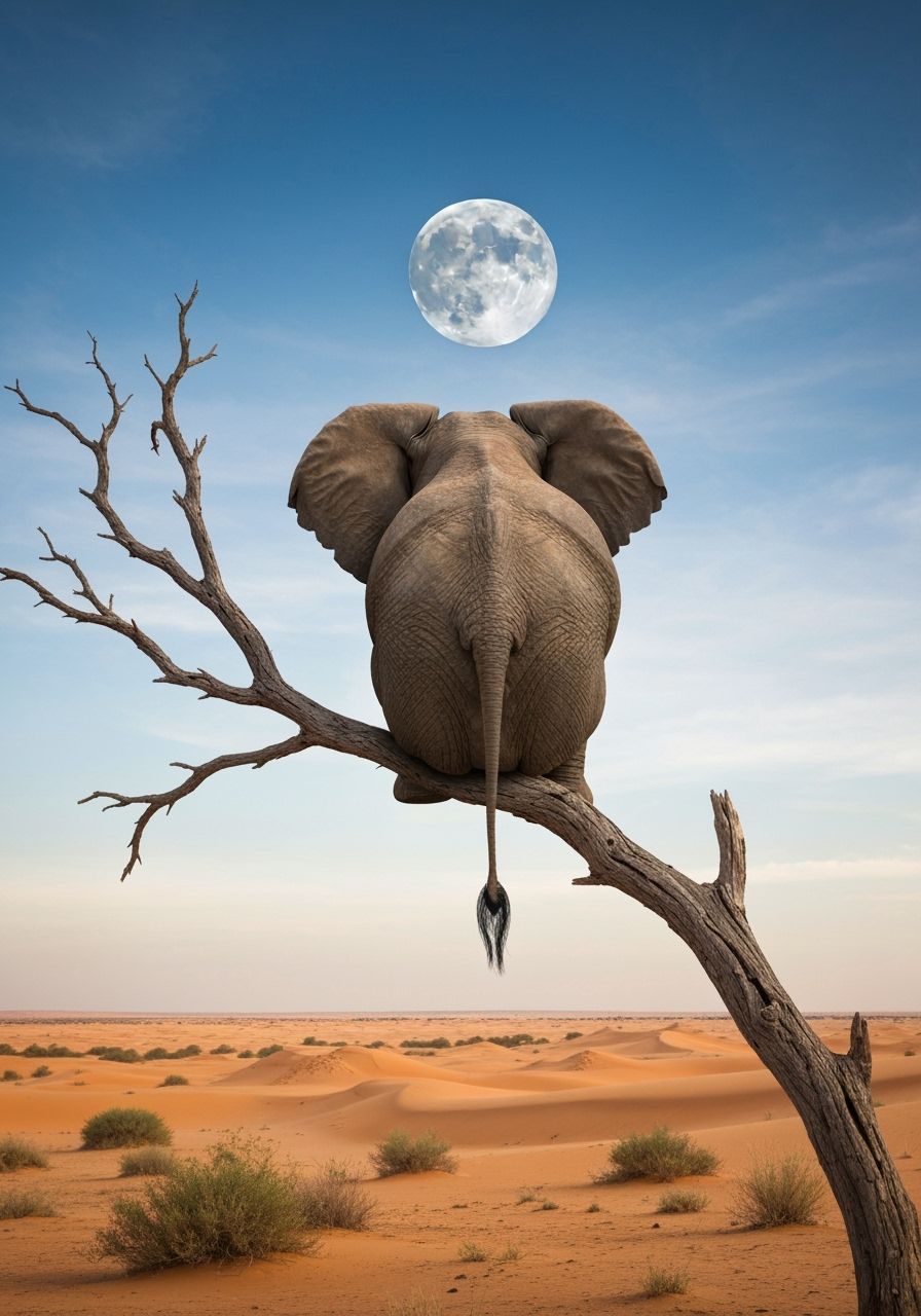 Elephant on Desert Branch: Surreal Digital Art