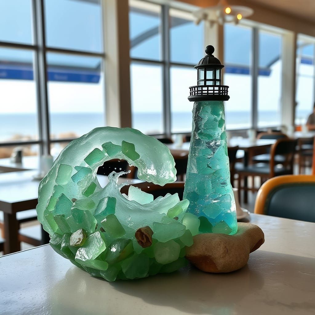 Seaside Cafe Display: Ocean of Sea Glass, Lighthouse of Wate...