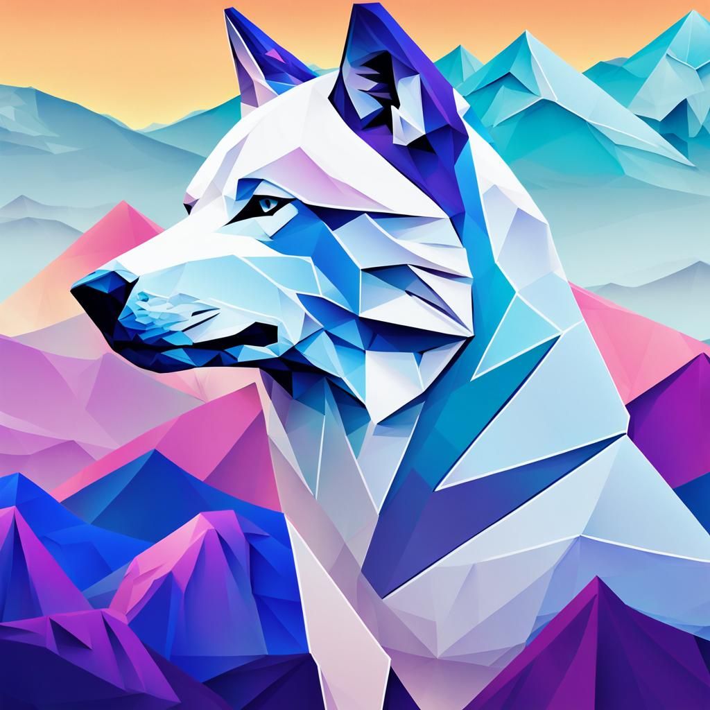 Geometric Snow Wolf in Low-Poly Digital Art