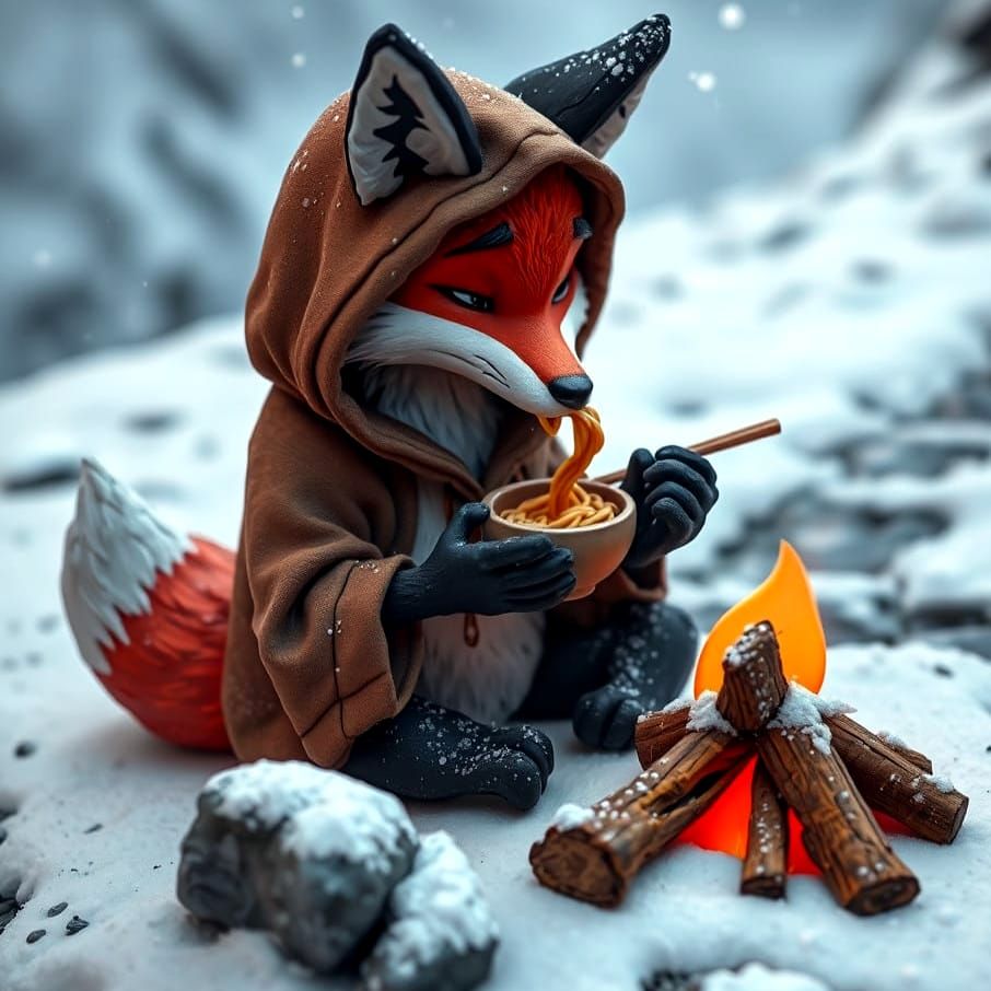 Snowy Fox Finds Peace by Crackling Campfire