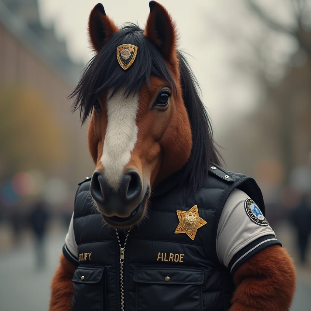 Furry Clydesdale Horse in Police Vest