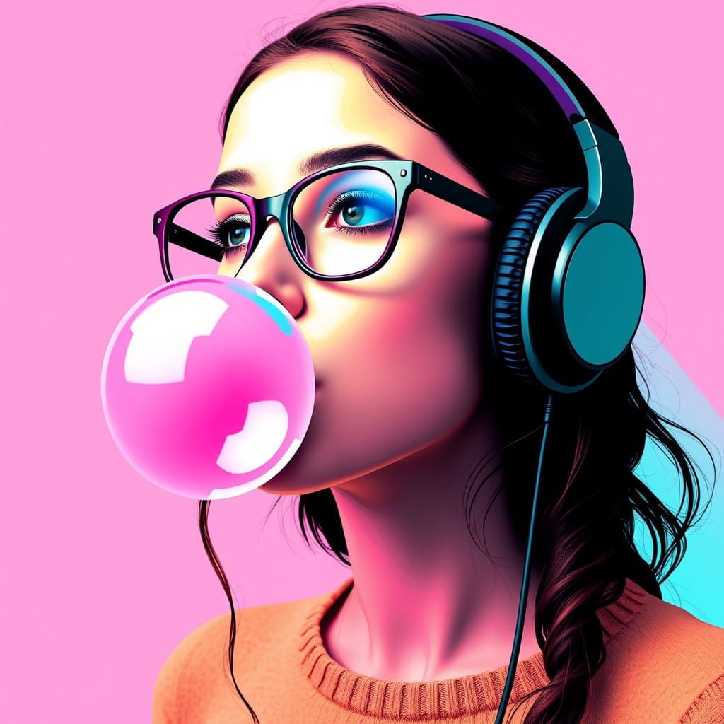 Girl Blows Pop Art Bubblegum Bubble in Vibrant Colors