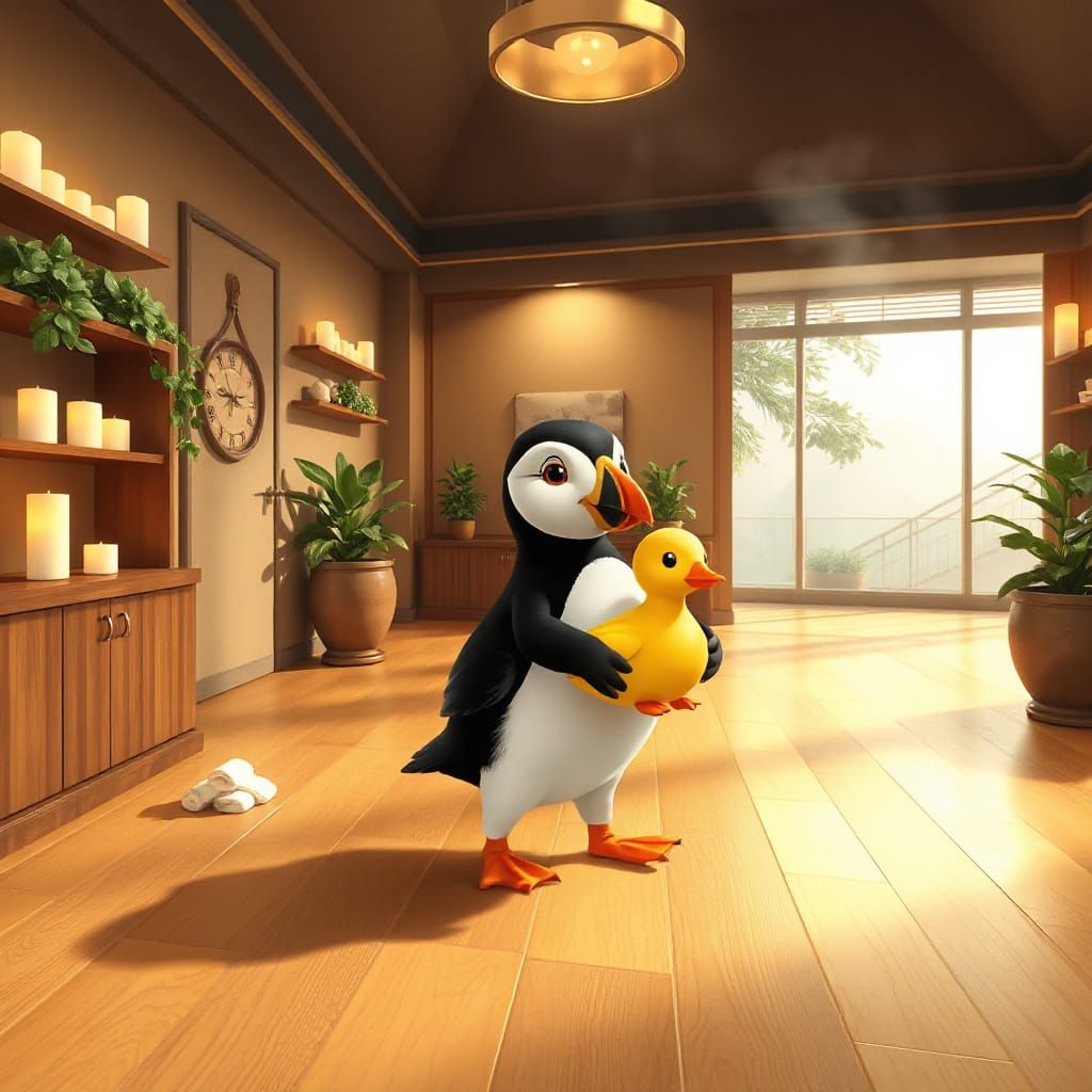 Puffin Enters Tranquil Spa Lobby with Rubber Ducky